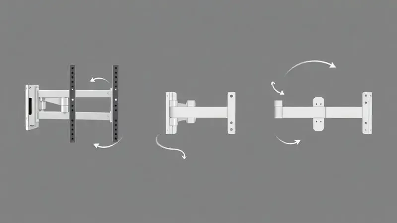 Ilustração demonstrando os diferentes ajustes disponíveis em suportes de TV: inclinação, rotação e extensão