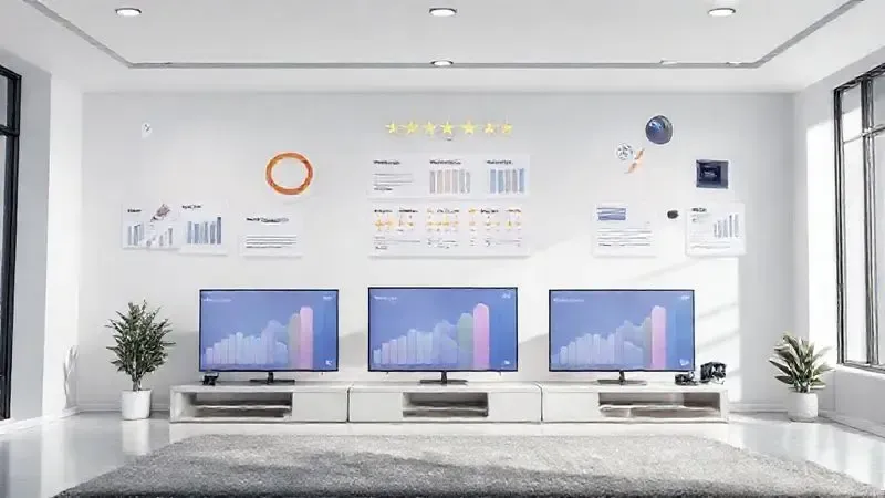 Espaço de trabalho com elementos visuais comparativos para análise de diferentes modelos de TV 4K