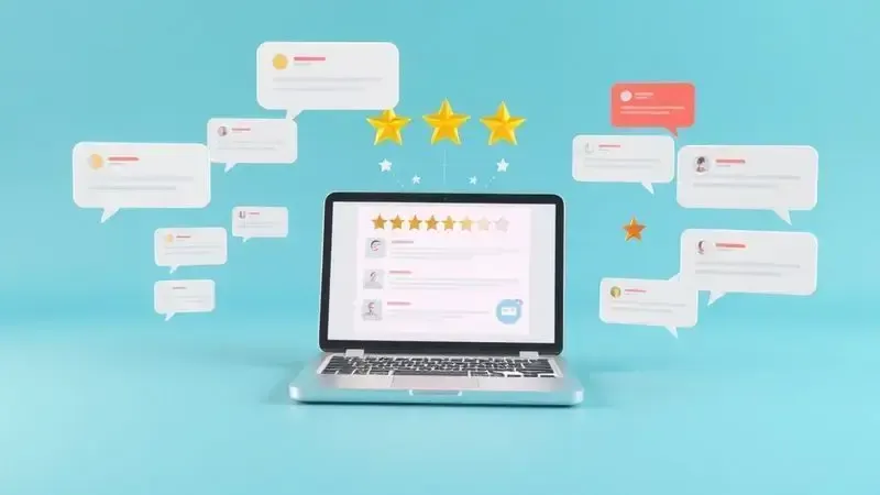 Ilustração conceitual de avaliações online com estrelas e comentários flutuando ao redor de dispositivo