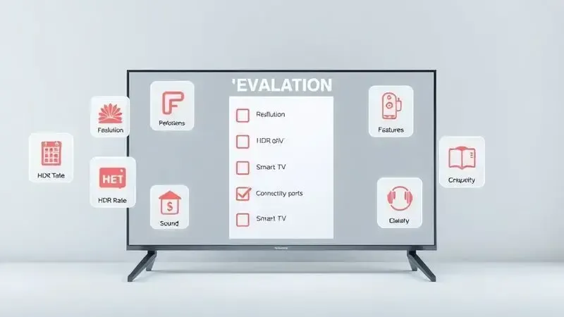 Checklist conceitual holográfico com fatores de avaliação para compra de TV