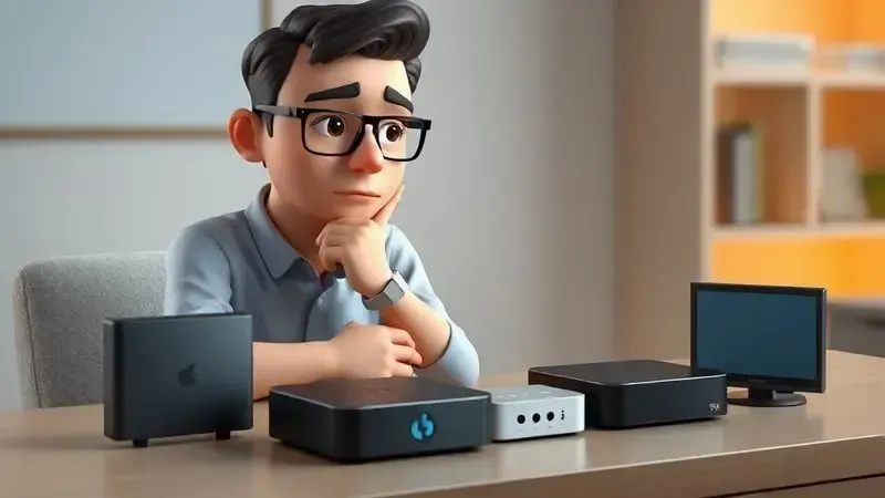 Pessoa comparando diferentes aparelhos para transformar TV em smart, avaliando características técnicas