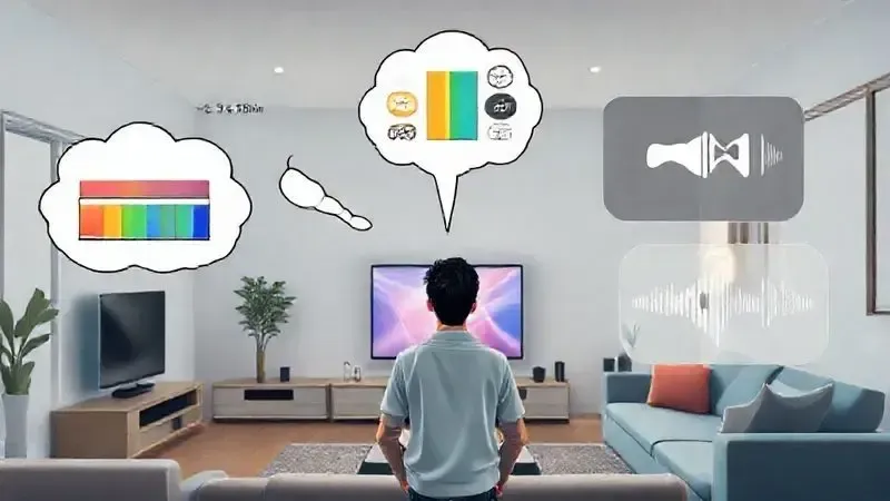 Ilustração conceitual sobre como escolher uma televisão considerando tamanho, cores, jogos e som