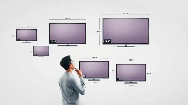 Ilustração conceitual mostrando como comparar diferentes tamanhos de TVs para fazer a melhor escolha custo-benefício