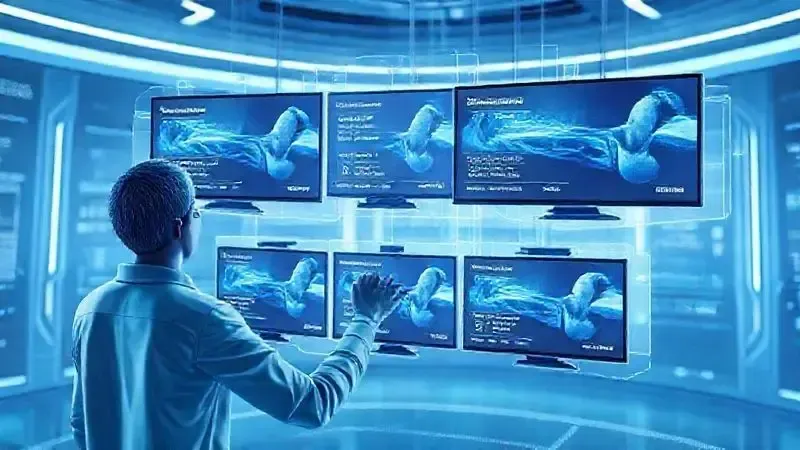 Ilustração conceitual de pessoa analisando especificações técnicas de diferentes TVs em ambiente tecnológico futurista