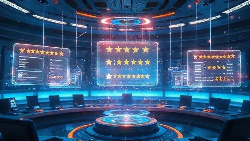 Ilustração conceitual de interface holográfica com dados de votação e análise de especificações de TV