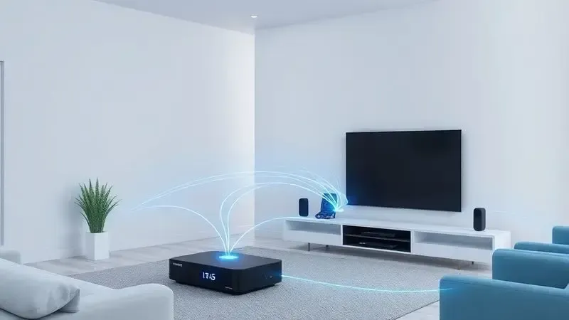 Ilustração conceitual de como funciona uma TV box transmitindo sinais digitais para uma televisão na sala moderna