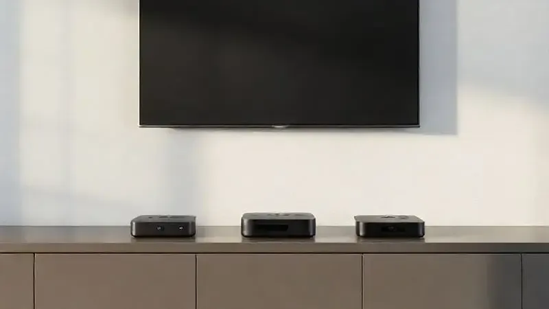 Comparação visual de diferentes modelos de TV Box homologadas pela Anatel em prateleira moderna