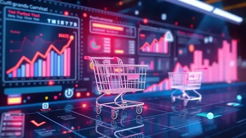 Interface conceitual de comparação de preços com gráficos e elementos de e-commerce flutuantes.