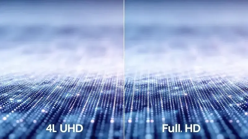 Comparação visual conceitual entre resolução 4K UHD e Full HD mostrando diferença de detalhes e qualidade