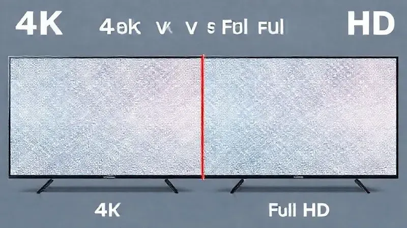 Comparação visual conceitual entre resolução 4K e Full HD mostrando diferença na densidade de pixels.