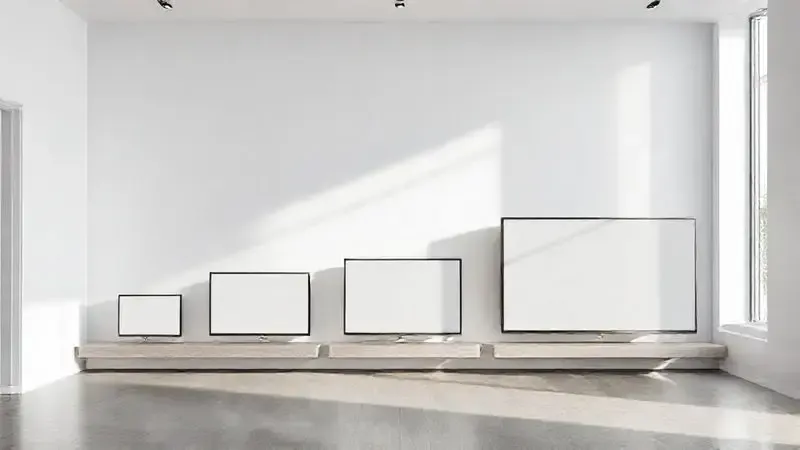 Comparação visual de diferentes tamanhos de telas de TV em formato de quadros flutuantes em ambiente moderno