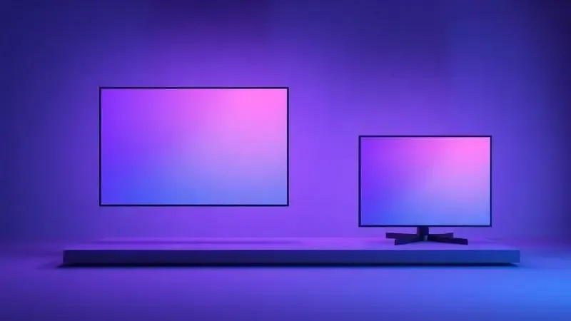 Comparação conceitual de diferentes tamanhos de televisões flutuando em espaço tridimensional.