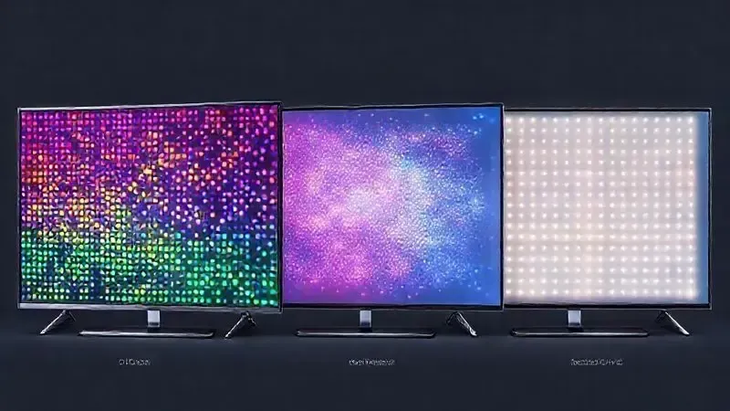 Ilustração conceitual das tecnologias de tela QLED, OLED e Neo QLED com representação dos componentes internos