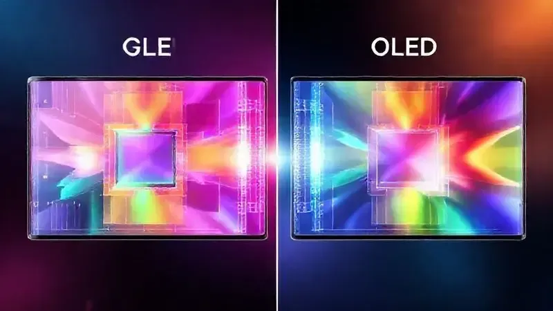 Comparação visual conceitual entre tecnologias de tela QLED e OLED em representação artística 3D
