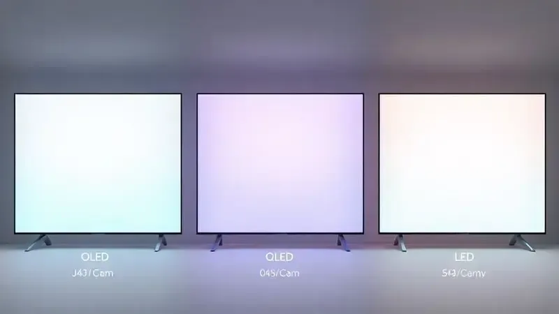 Render 3D conceitual comparando tecnologias de TV: OLED, QLED e LED lado a lado de forma abstrata
