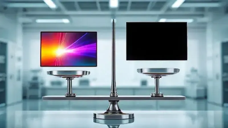 Ilustração conceitual comparando vantagens das tecnologias QLED e OLED em balança simbólica