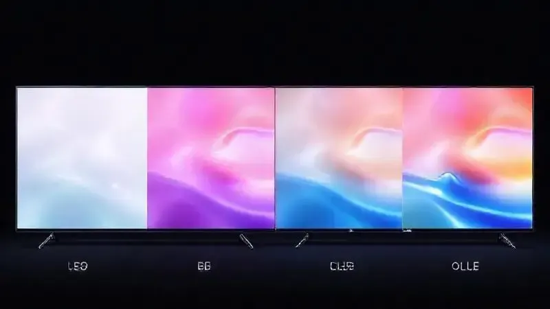 Comparativo visual das tecnologias de tela LED, QLED, Mini LED e OLED mostrando diferenças conceituais de emissão de luz e cores.