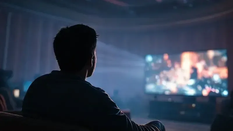 Conceito artístico de pessoa imersa em experiência cinematográfica com luz ambiente estendendo-se da tela para o ambiente.