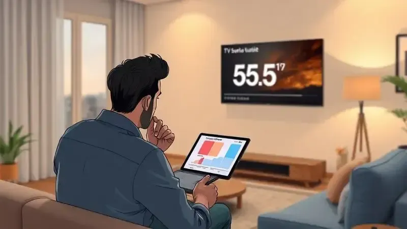 Ilustração conceitual de pessoa avaliando se vale a pena comprar uma TV de 55 polegadas no ambiente da sala