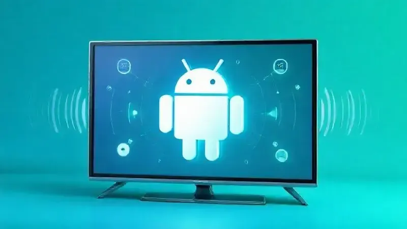 Conceito abstrato de integração do sistema Android com televisão, mostrando conectividade e sincronia