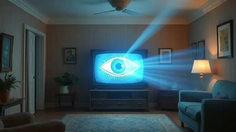 Ilustração conceitual mostrando luz azul antiga de televisor CRT afetando os olhos em ambiente vintage