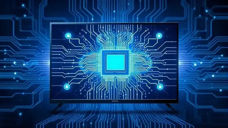 Ilustração conceitual do processador como centro de processamento de dados em uma televisão smart.