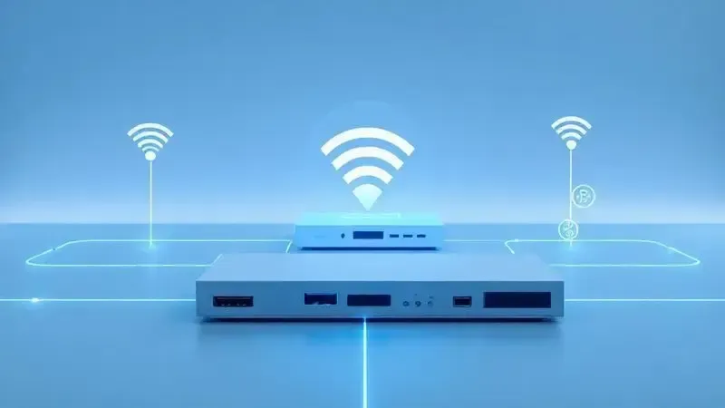Ilustração conceitual de conectividade entre dispositivos mostrando fluxo de dados e portas de conexão