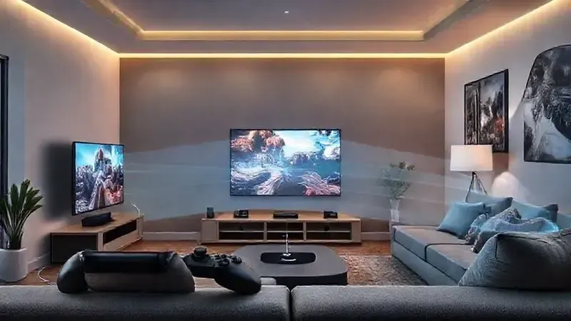 Cena conceitual de configuração para jogos e streaming com baixa latência e alta taxa de atualização
