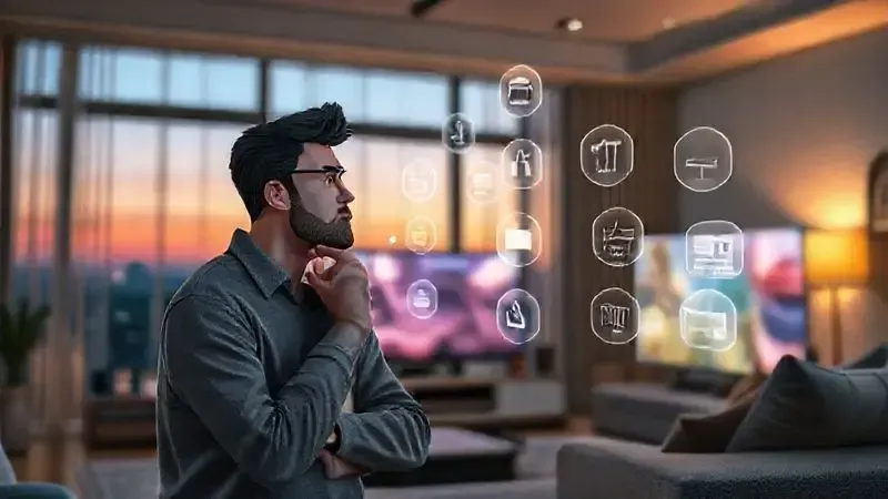 Consumidor analisando características de TVs através de ícones holográficos em ambiente moderno