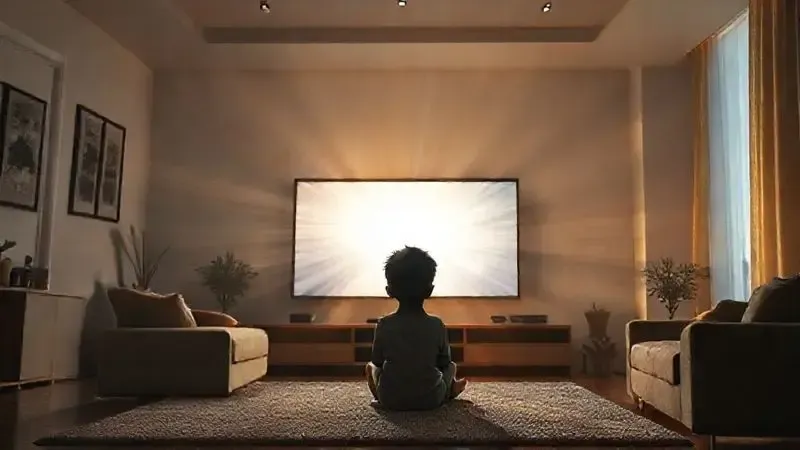 Cena conceitual mostrando criança sentada perto da televisão com representação artística de imersão visual