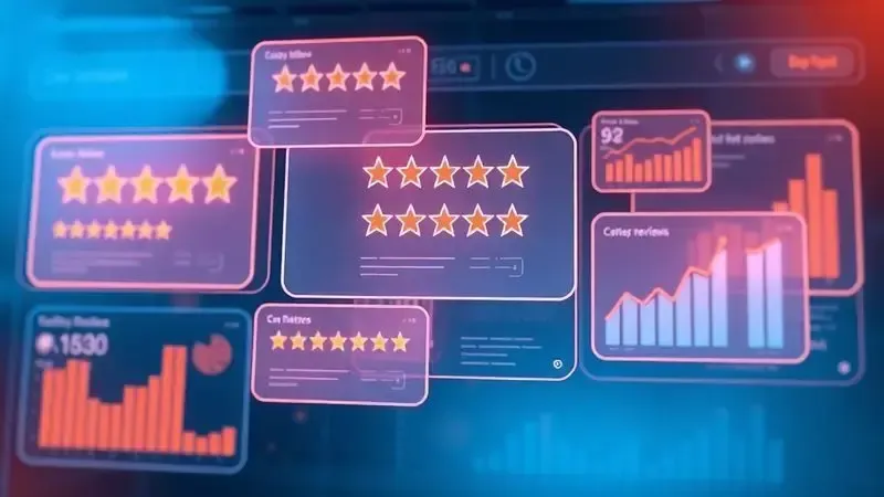 Dashboard conceitual de feedback do consumidor com gráficos de satisfação e avaliações em estrelas.