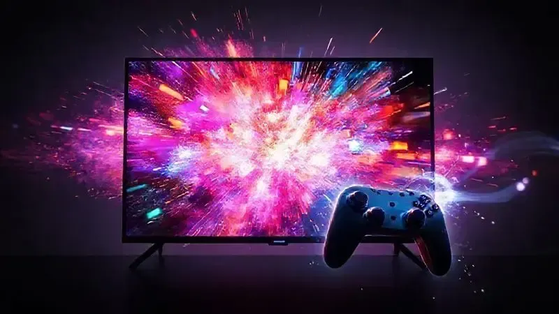 Ilustração artística de desempenho em jogos com efeitos visuais dinâmicos e alta taxa de atualização na TV