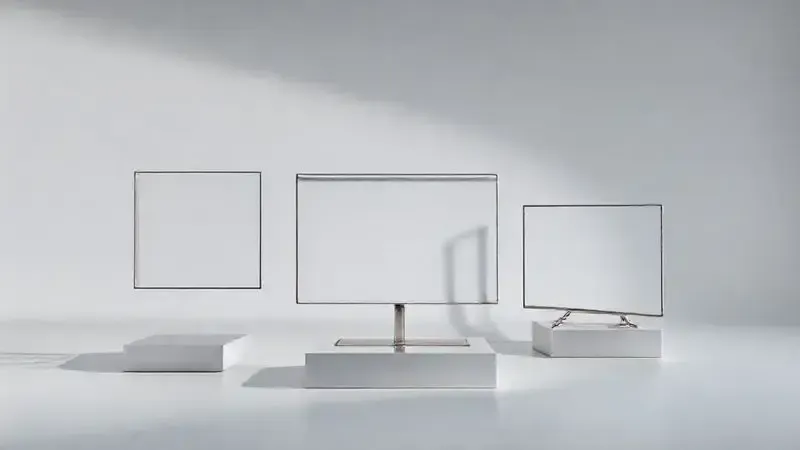 Render conceitual de elementos de design de TV moderna com molduras finas e estética minimalista flutuando artisticamente