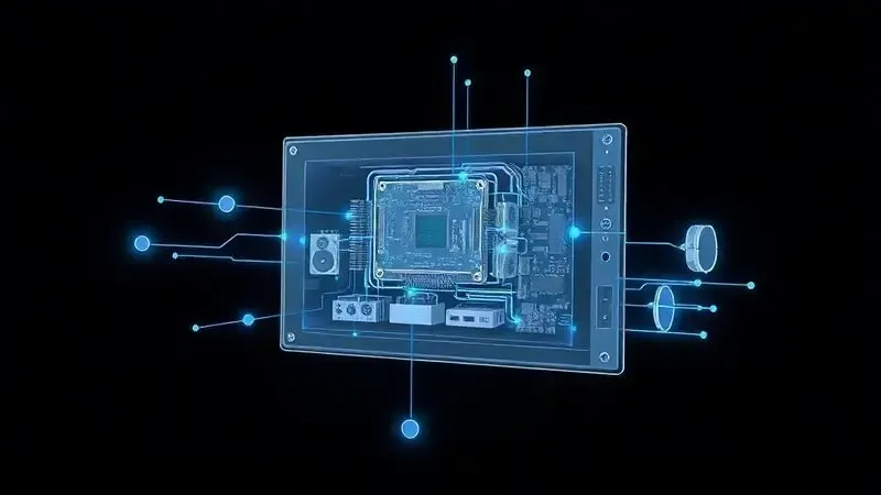 Diagrama conceitual 3D de componentes internos de televisão flutuando em fundo escuro com conexões luminosas.