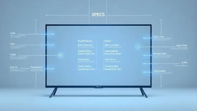 Diagrama técnico artístico de especificações de TV com interface holográfica azul