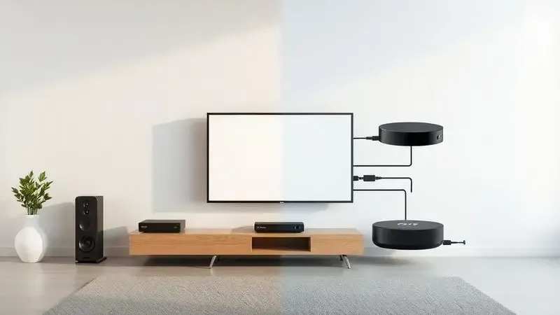 Ilustração comparativa conceitual mostrando as diferenças entre TV Box e Smart TV em ambiente moderno