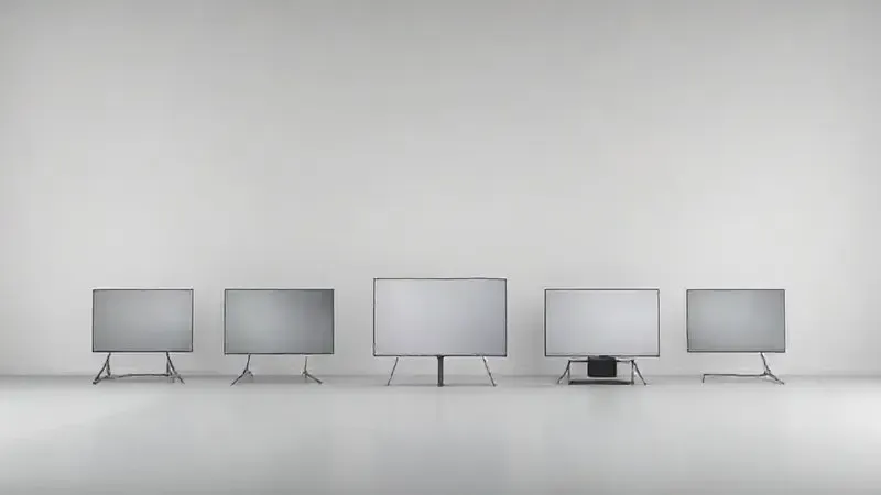 Diferentes designs conceituais de televisores modernos flutuando em ambiente minimalista de estúdio