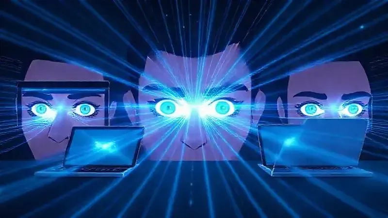 Ilustração artística de múltiplos dispositivos digitais emitindo luz azul e seus efeitos conceituais na visão