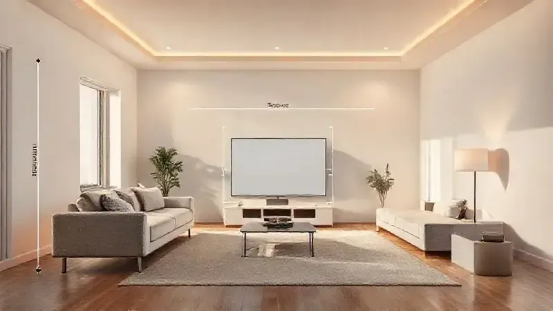 Ilustração conceitual mostrando medição da distância ideal entre televisor e sofá em sala de estar