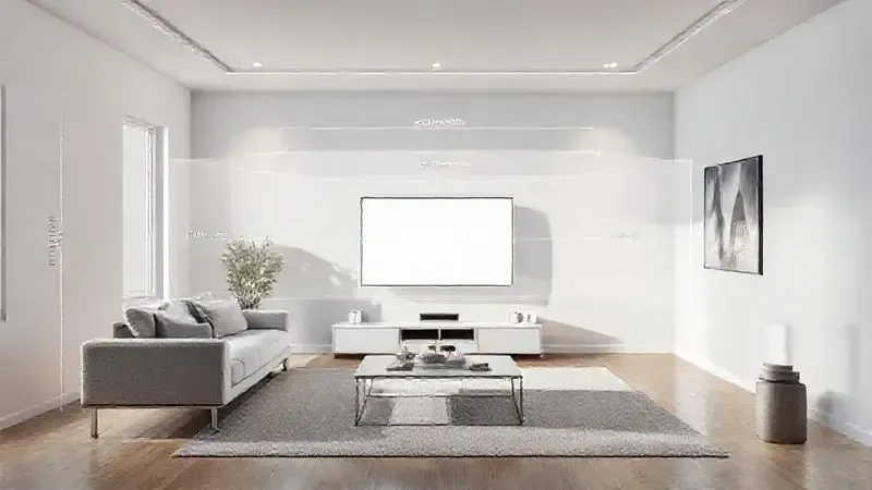 Representação visual da distância ideal de visualização entre sofá e TV de 65 polegadas em sala moderna