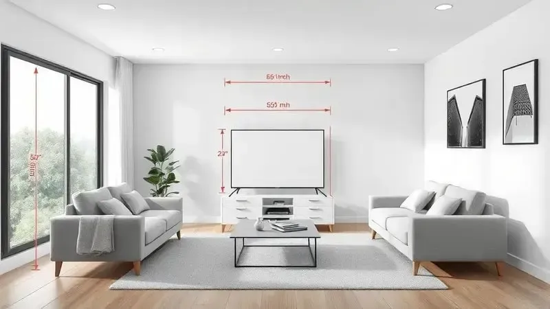 Sala moderna com disposição ideal de visualização para TV de 50 polegadas