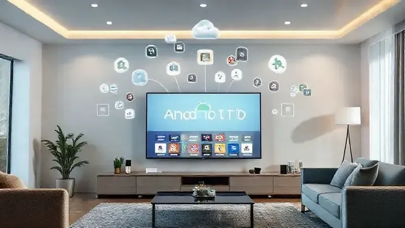 Ilustração conceitual do ecossistema Android TV integrado ao ambiente doméstico com serviços em nuvem