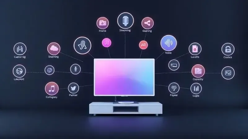 Ilustração conceitual 3D de ecossistema smart home com ícones de streaming e conectividade em torno de TV.