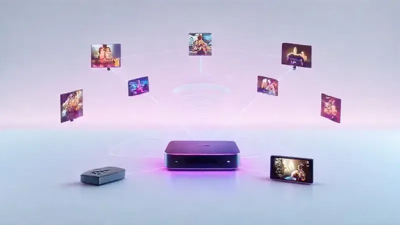 Ecosistema de streaming Roku conectando diversas fontes de entretenimento através de fluxos de dados coloridos