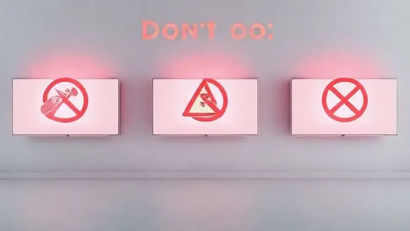 Ilustração conceitual de cenários de uso incorreto de smart TV com símbolos de alerta abstratos