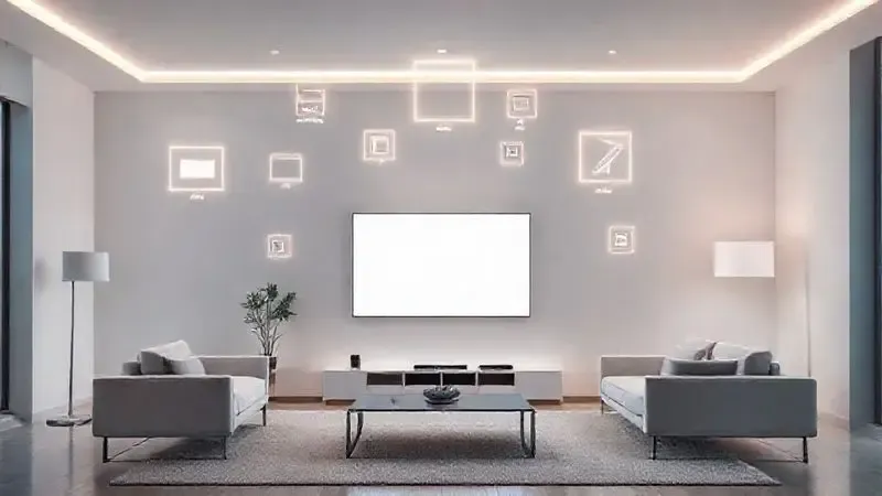 Ilustração conceitual do processo de escolha de uma smart TV considerando diferentes fatores técnicos e características