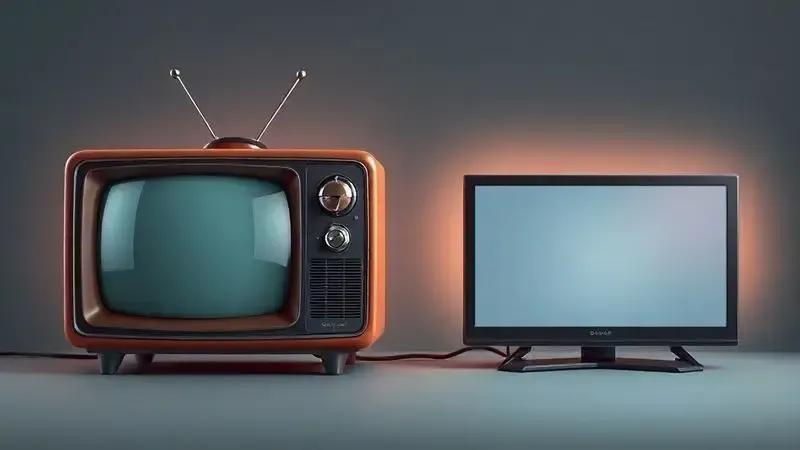 Evolução tecnológica da televisão, comparando modelos vintage com tecnologia moderna