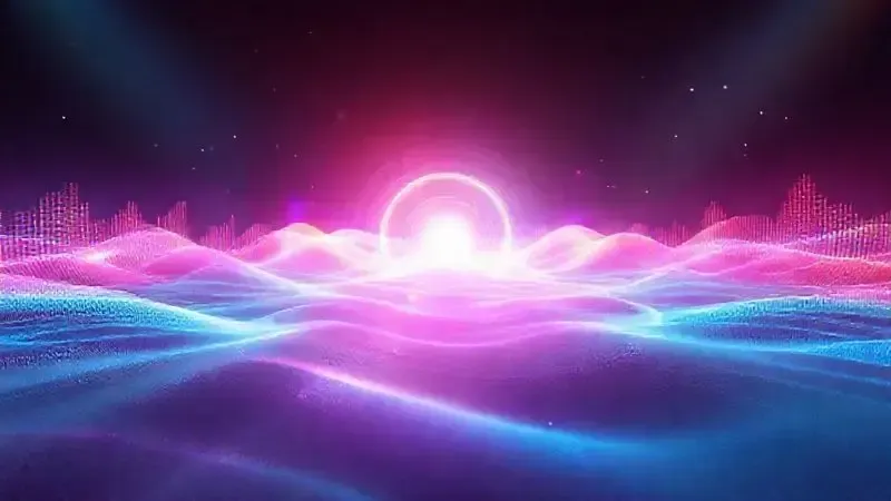 Visualização artística conceitual de experiência audiovisual com ondas de luz e som em composição dinâmica e colorida