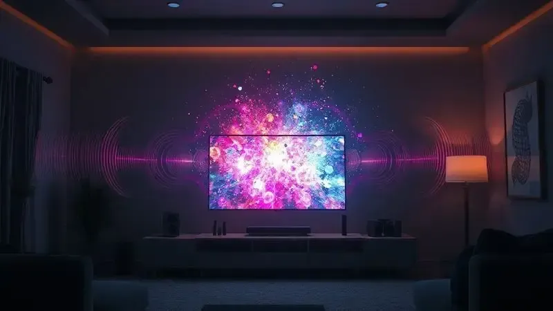 Cena conceitual de experiência audiovisual com ondas sonoras e partículas de luz emanando de silhueta de TV.