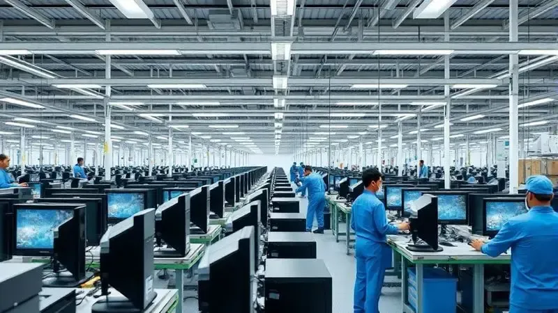 Cena conceitual de fábrica moderna no Brasil com linha de montagem de eletrônicos e trabalhadores uniformizados.